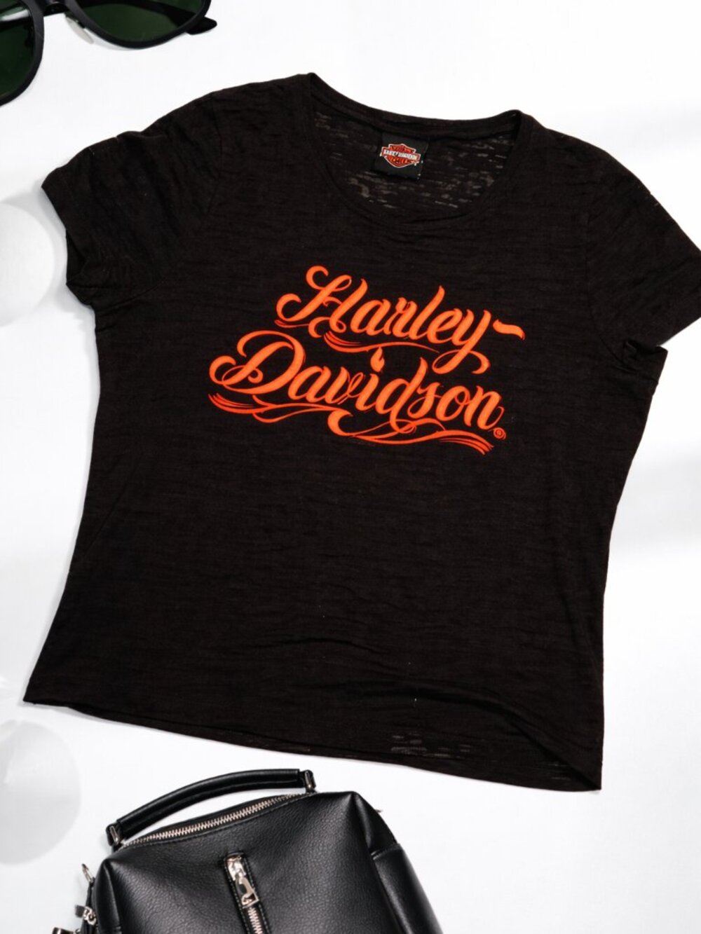 Harley Davidson Cropped Tee Medium Black Burnout | Biker Graphic Crop Top - Picture 3 of 7